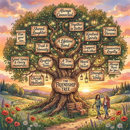 Illustrated tree with wooden signs reading friendship qualities like trust, loyalty, and support